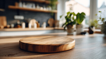 A circular wooden cutting board on a clean countertop in a vibrant kitchen setting. The interior features a warm, inviting ambiance with potted plants and well-organized cooking essentials.