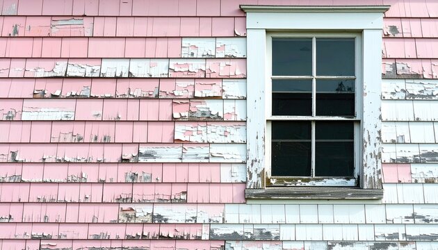 Pink weathered clapboard wall with window