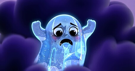 Drifting blue ghost upside down in violet void, smoke curling enveloping it, pressing arms in panic - Powered by Adobe