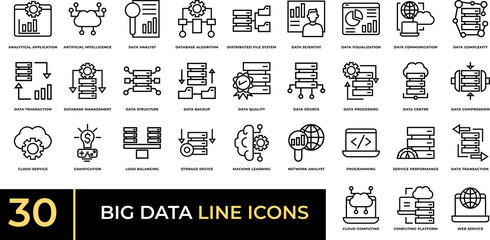 Big Data Line Icons Set – 30 Analytics, Cloud, and Database Symbols