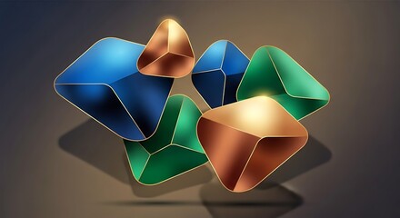 Luminous abstract 3D triangle shapes with dynamic arrangement and chromatic color palette creates visually engaging