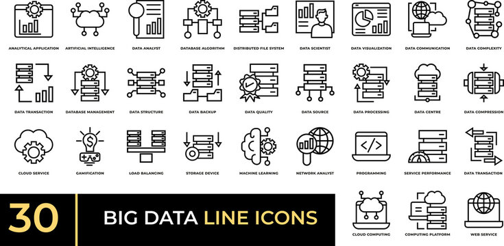Big Data Line Icons Set – 30 Analytics, Cloud, and Database Symbols