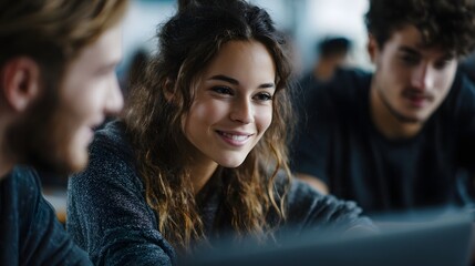 Smiling young university students collaborate on a group project engaged in discussion and learning with a laptop in a bright modern setting