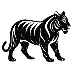Fototapeta premium A stylized black and white vector illustration of a powerful tiger standing in profile, depicted in a bold, graphic art style.