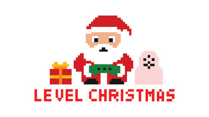 Pixel art santa claus holding a video game controller isolated on white background