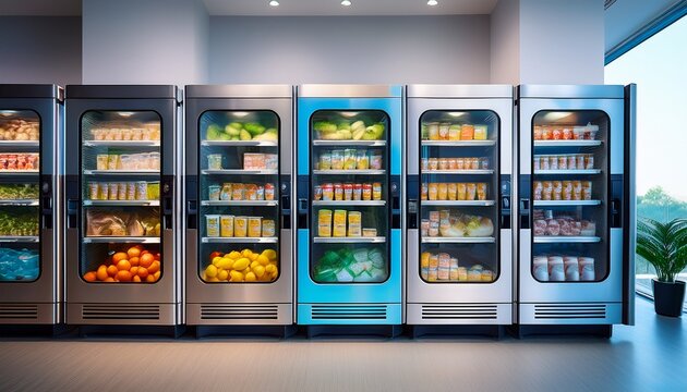 row of smart refrigerated vending machines selling fresh food and drinks in modern office interior