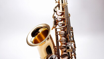 closeup of a golden saxophone isolated on a white background