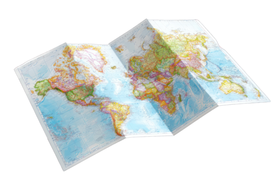 Folded world map, three-panel design
