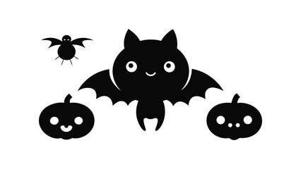 Cute silhouette bats pumpkins and spiders isolated on white background