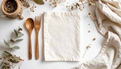 Simple, neutral-toned table setting with wooden utensils and a cream-colored napkin.  Dried flowers and greenery accents the scene on a white surface