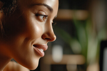 A woman sits in a quiet indoor space, deeply focused and contemplative. The soft light highlights her profile and radiant skin as she gazes off, lost in her thoughts amidst a natural backdrop