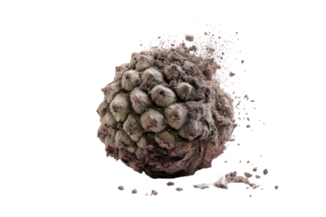 Close-up of a textured, dusty seed pod