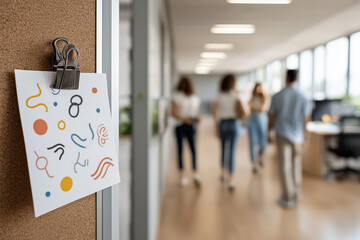 In a lively office space, an abstract piece of art hangs on a corkboard, while three colleagues walk by in casual attire