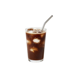 Iced dark drink in a glass with metal straw