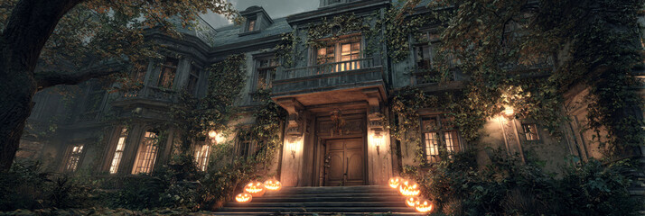 Moonlight casts an eerie glow on the old abandoned mansion surrounded by overgrown foliage, while carved pumpkins welcome the arrival of Halloween in autumn chill, banner