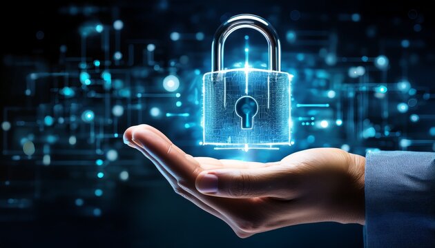 a symbolic image of data protection a digital lock glows with significance over a hand highlighting the essence of online security in a modern world