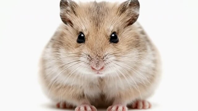 A light brown hamster faces forward with black eyes and whiskers set against a bright white background
