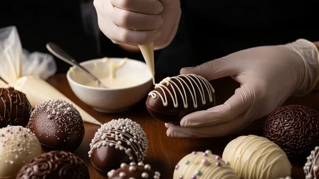 Decorating Chocolate Easter Eggs on Wooden Surface with White Gloves, Rich Dark Brown Colors, Holiday Sweetness and Artisan Craftsmanship