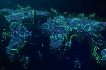 A digital map of the world with stock market candlestick charts glowing in green and blue on top, a dark background, and a stock trading theme with a video motion effect. 