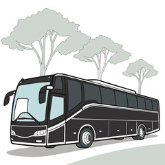 Fototapeta premium Modern black tour bus parked on a road with stylized trees in the background