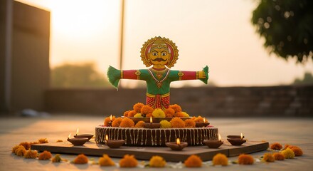 Vibrant Dasara Celebration with Traditional Effigy, Marigolds & Glowing Diyas at Sunset. AI Generated 