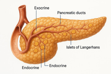Pancreas Anatomy Illustration: Endocrine and Exocrine Glands, Islets of Langerhans, and Pancreatic Ducts - Detailed Medical Diagram