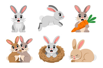 Rabbit vector illustrations, bunny with carrot, nesting hares, adorable fluffy characters, spring Easter animal graphics, farm pet icons