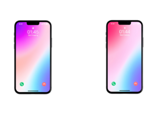 Two smartphone mockups with colorful gradient screens and call buttons.