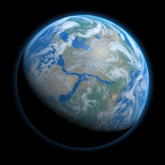 Fototapeta premium View of planet earth from space, showing continents and oceans with a dark background and glowing blue atmosphere