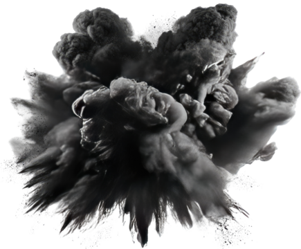 Abstract grayscale explosion of dark smoke or ink, radiating outward in a chaotic pattern
