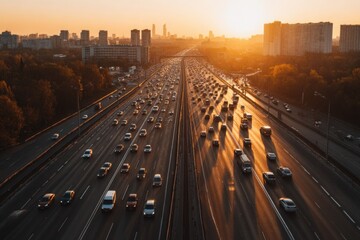 Aerial perspective of multilane city highway during sunset, traffic congestion, golden light transport system and modern road network urban mobility planning image