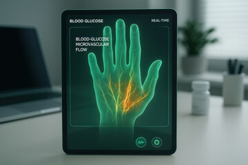 Tablet displaying blood glucose microvascular flow in hand, Illustration
