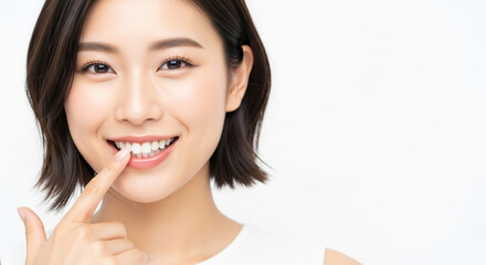 白い歯を指さして笑顔を見せる若い女性