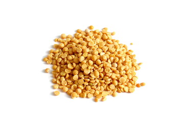 A small pile of dry yellow peas lies on a white background.	