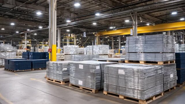 Stacks of galvanized steel and aluminum sheets gleam under lights in a spacious distribution center.