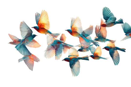 A flock of birds in flight, digitally enhanced