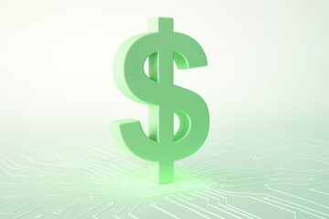 Obraz premium The Green Dollar: A vivid 3D rendering showcases a luminous green dollar sign, radiating financial success, set against a backdrop of a cutting-edge circuit board.