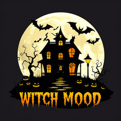 Spooky haunted house with full moon and bats Halloween artwork t-shirt design perfect for horror fans, gothic fashion, and creepy night lovers