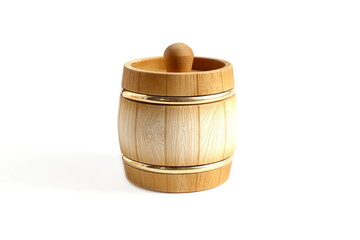 A wooden decorative barrel with a lid stands on a white background.