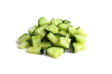 There is a small pile of fresh diced cucumbers lying on a white background.