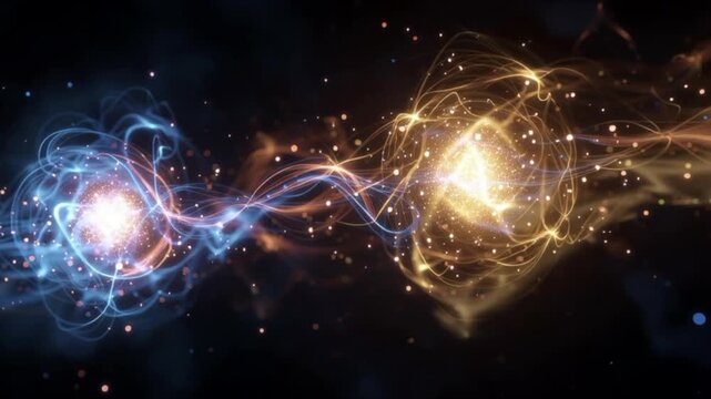 青と金色の粒子が描く量子力学の科学的ビジュアルイメージ「生成AI」