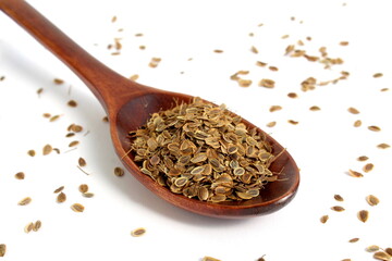There is a pile of dill seeds on a wooden spoon.	