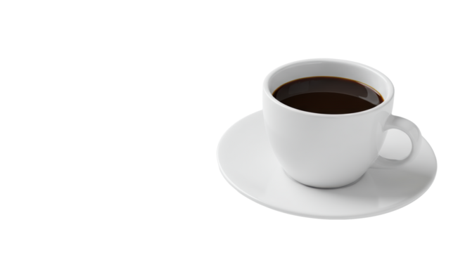 transparent ceramic coffee cup with dark brown liquid on matching saucer, isolated on transparent studio background with negative space for copy, minimalist product photography concept