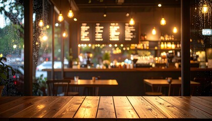 Wooden Table with Cafe Interior Backdrop on Rainy Day