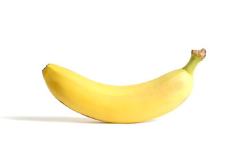 There is a ripe yellow banana on a white background.
