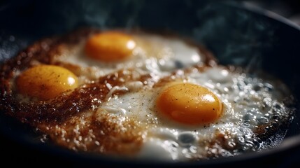 Three golden yolked eggs are sizzling and frying in a hot pan creating crispy edges and a delicious aroma perfect for a fresh breakfast