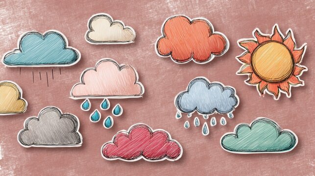 Colorful depiction of different cloud types and a bright sun on a textured background, capturing diverse weather conditions and their artistic representation.