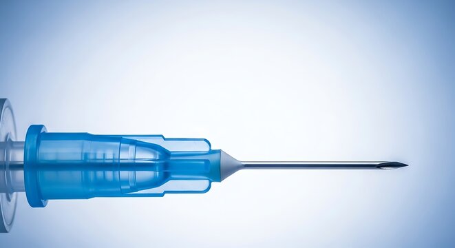 A macro photograph of a sharp hypodermic needle tip with a blue plastic hub on a light blue background.