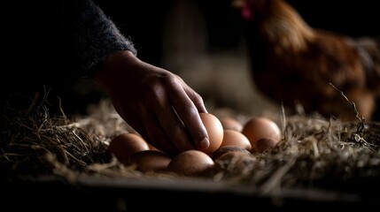 A person s hand reaches into a rustic straw nest to collect fresh brown eggs with a chicken subtly visible in the soft dark background