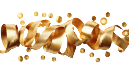 Gold ribbon swirls with golden confetti on black background